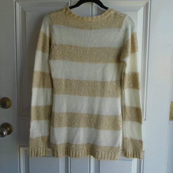 Rue 21 Gold Sequins & White Striped Wool Blend Scoop Neck Sweater Size Large - Picture 2 of 5